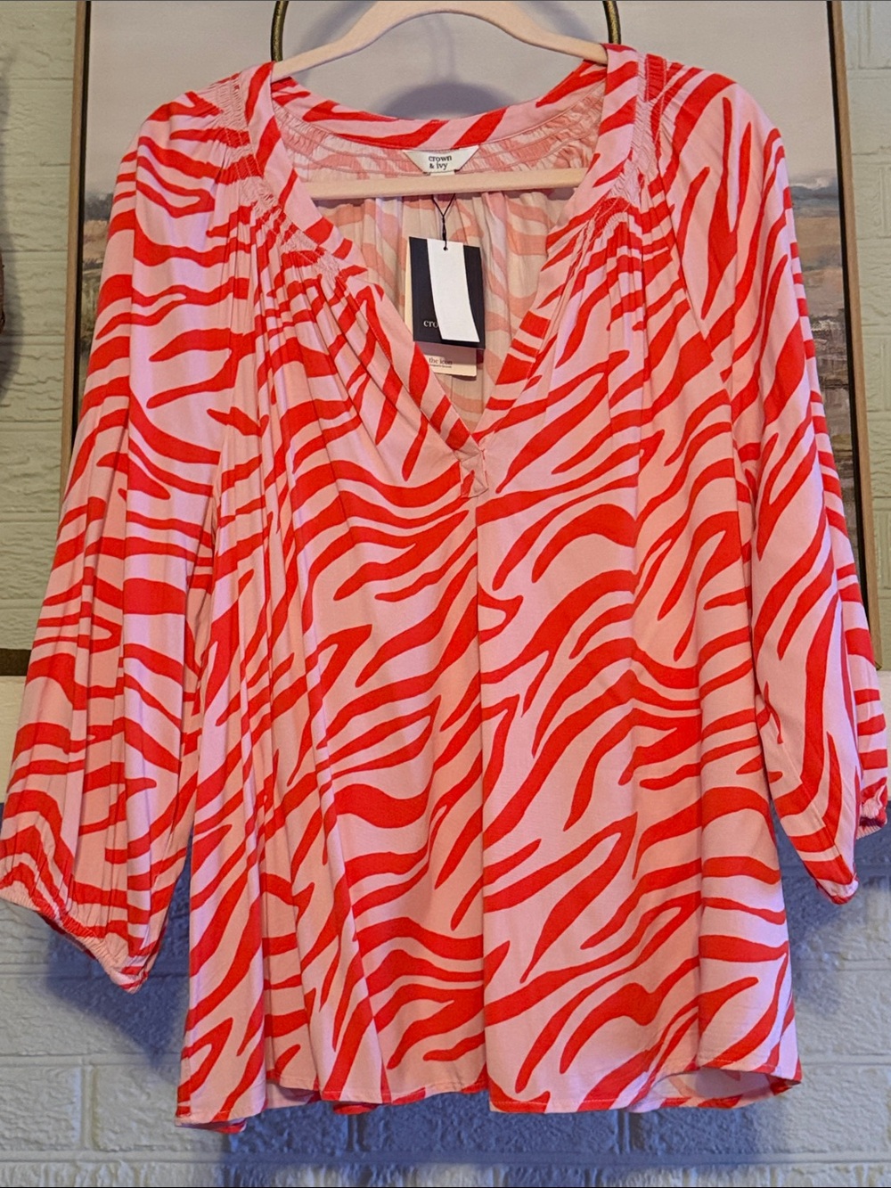 Charleston | Coastal Crown & Ivy Pink and Red Zebra-Print V-Neck Blouse
